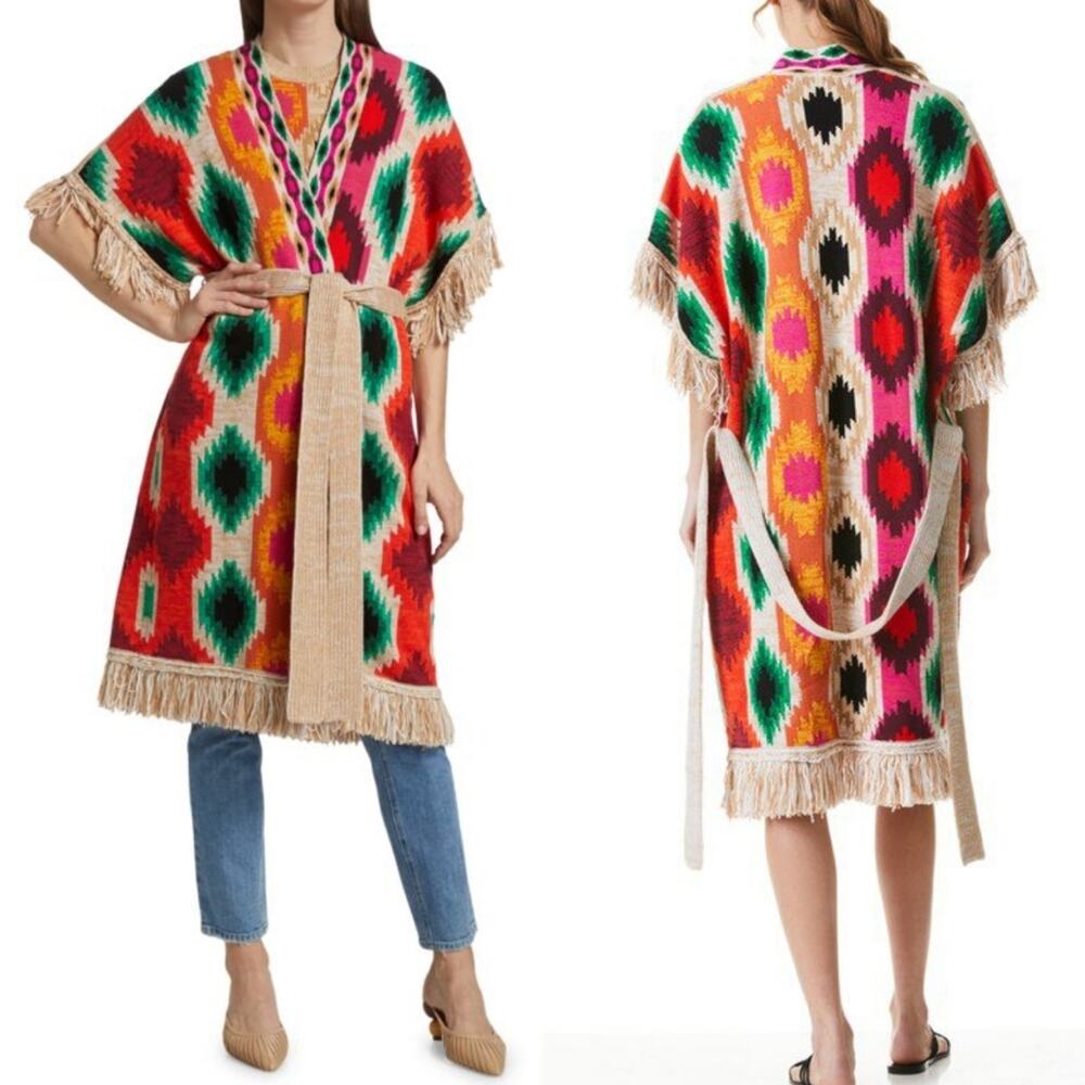 Alice + Olivia Oversized Maibella colorful fringe wool blend cardigan size XS